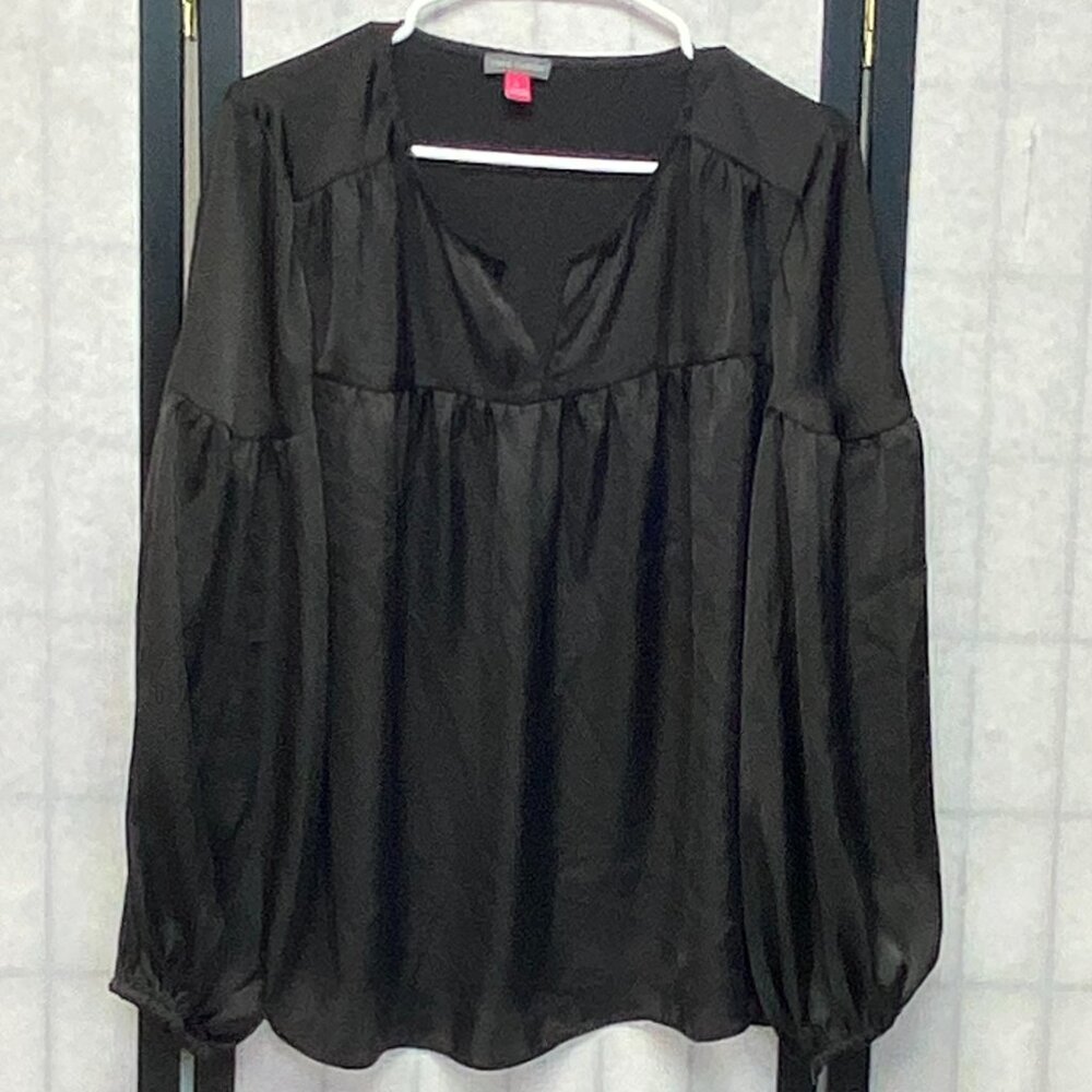 Vince Camuto Peasant Blouse L Black Boho Flowy Split Neck Bell Sleeve Chic Top